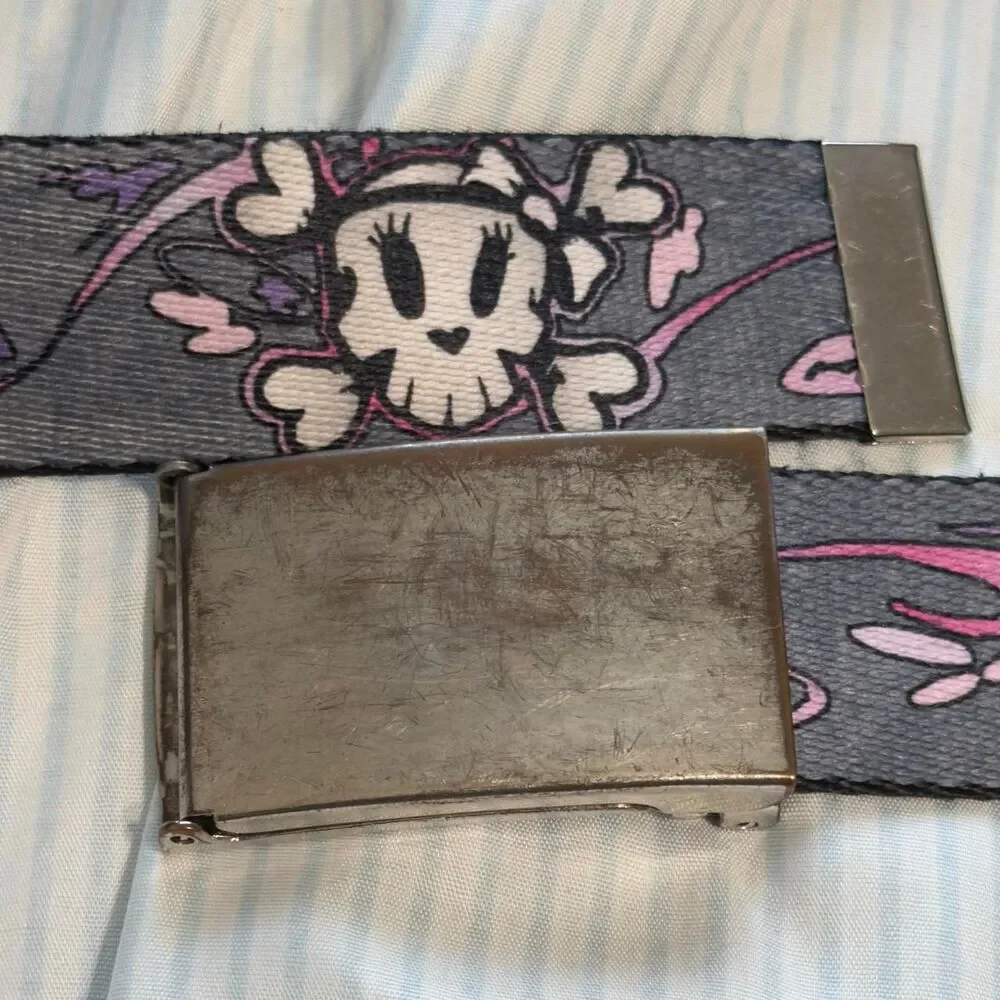 Ed Hardy Skull and Floral Print Canvas Web Belt with Bottle Opener Buckle